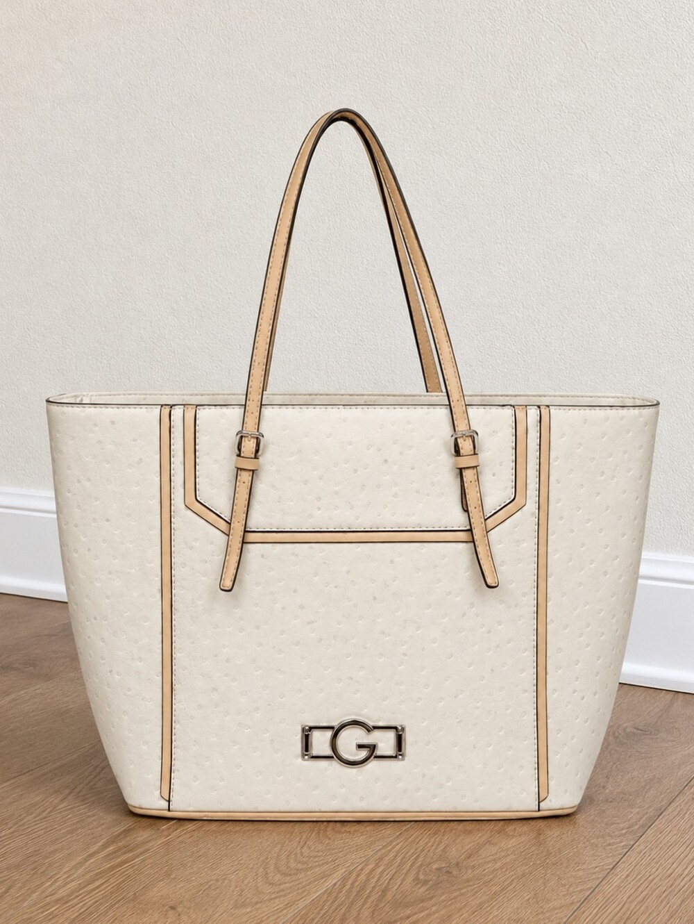GUESS Ostrich Embossed Cream Handbag.